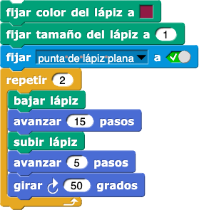 fijar color de lápiz a (cuadrado marrón); fijar tamaño de lápiz a (10); fijar el parámetro (punta de lápiz plana) a (verdadero);
							repetir (2) {bajar lápiz; mover (15) pasos; subir lápiz; mover (5) pasos; girar a la derecha (5) grados}