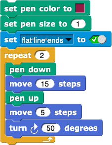 set color to (brown square); set pen size
			to (10); set (flat line ends) to (True);
			repeat (10) {pen down; move (15) steps; pen
			up; move (5) steps; turn right (5) degrees}