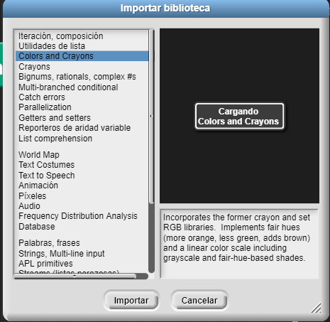 Cuadro de diálogo para improtar la biblioteca de "Colores y pinturas"
