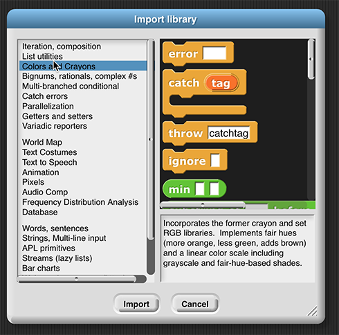 Import library dialog box with "Colors and Crayons" library highlighted
