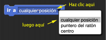 ir a () bloque con menú abierto que muestra 'cualquier posición', 'puntero del ratón' y 'centro'. El puntero del ratón está encima de 'cualquier posición'.