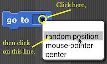 go to () block with menu open showing 'random position', 'mouse pointer', and 'center'. The mouse pointer is hovering over 'random position'.