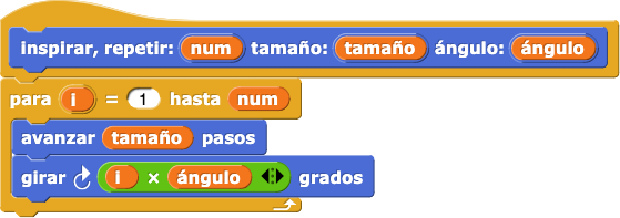 inspirar, repetir:(num) tamaño:(tamaño) ángulo:(angle) : para (i) = (1) hasta (num) {mover (tamaño) pasos; girar ((i) * (ángulo)) grados}