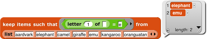 keep items such that (letter 1 of ( )) = e from {elephant, aardvark, ...}