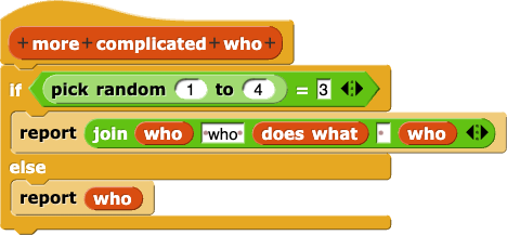 more complicated who {
    if (pick random (1) to (4)) = (3) {
        report (join (who) (', who') (does what) ( ) (who) (,))
    } else {
        report (who)
    }
}