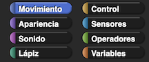 Paleta de funciones: Movimiento, Apariencia, Sonido, Lápiz, Control, Sensores, Operadores y Variables