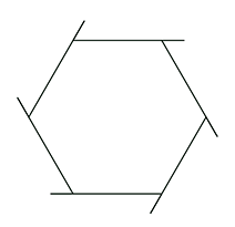 A large hexagon with the clockwise end of each side extended 20 steps beyond the hexagon. The full length of each side is 100 steps.