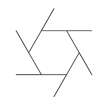 A medium hexagon with the clockwise end of each side extended 50 steps beyond the hexagon. The full length of each side is 100 steps.