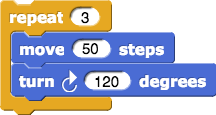 repeat (3) {move (50) steps; turn right (120) degrees}