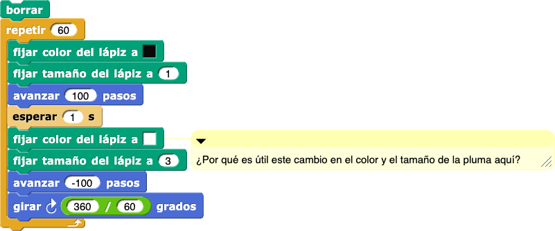 borrar;repetir(60){fijar color de lápiz a (negro); fijar tamaño de lápiz a (1); mover (100) pasos; esperar (1) segs; fijar color de lápiz a (blanco); fijar tamaño de lápiz a (3); mover (-100) pasos; girar(360/60) grados}