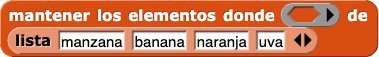 mantener los elementos ([anillo gris]) de (lista(manzana, banana, naranja, uva))