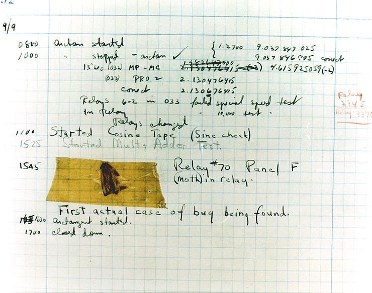 Photo of the first actual case of bug being found, at Mark II Aiken Relay Calculator, Harvard, 1947