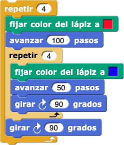 repetir (100) {fijar color del lápiz a (rojo); mover (100) pasos; repetir (4) {fijar color del lápiz a (azul); mover (50) pasos; girar (90) grados}; girar (90) grados}