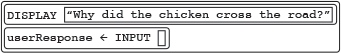 a white rounded rectangle containing two smaller white rounded rectangles: The first one contains first the word 'DISPLAY' in all caps and then a smaller white rectangle containing the quoted text 'Why did the chicken cross the road?'. The second one contains the text 'userResponse ← INPUT()'