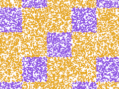 A checkerboard like ii, except that in each row the squares alternate two orange, one purple. So the top (partial) row is orange, purple, orange, orange, purple. The second row is purple, orange, orange, purple, orange. The middle row is orange, orange, purple, orange, orange. The fourth row is orange, purple, orange, orange, purple. And the bottom partial row is purple, orange, orange, purple, orange.