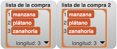 visualización de la lista de la compra con los contenidos de la variable: manzana, plátano, zanahoria; y visualización de la lista de la compra 2 con los contenidos de la variable: manzana, plátano, zanahoria