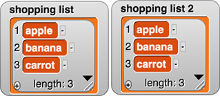 shopping list watcher showing the contents of the variable to be apple, banana, carrot; and the shopping list 2 watcher showing the contents of the variable to be apple, banana, carrot