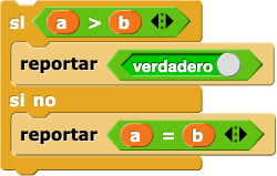 a &ge; b {si (a > b) {reporta verdadero} sino {reporta (a = b)}}