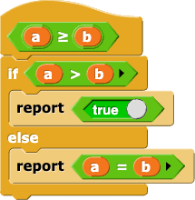 a ≥ b {if (a > b) {report true} else {report (a = b)}}