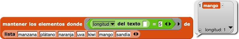 mantener los elementos ((longitud de ()) = (5)) de {manzana, plátano, naranja, uva, kiwi, mango, sandía} reporta {mango}