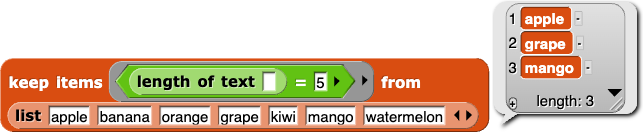 keep items  ((length of ( )) = (5)) from {apple, banana, orange, grape, kiwi, mango, watermelon} reporting {apple, grape, mango}