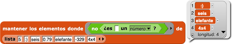 mantener los elementos (no(es () un (número)?)) de {5, :), seis, 7, elefante, 3} reporta {5,7,3}