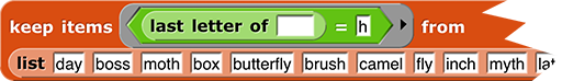 keep items (last letter of 'empty input slot' = h) from 'a list block containing: day, boss, moth, box, butterfly, brush...' (the end of the image is cut off)