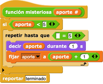 función misteriosa (entrada):
si (entrada < 5) (repetir hasta que (entrada = 5)
(
    decir (entrada) por (1) segs,
    asignar a (entrada) el valor (entrada + 1)
)
reportar (terminado)