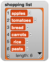 {"apples", "tomatoes", "bread", "carrots", "rice", "pasta"}