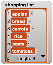 {"apples", "bread", "carrots", "rice", "pasta", "tomatoes"}