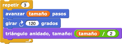 repetir(3){mover(tamaño) pasos; girar (120) grados; triángulo anidado nivel:(nivel-1) tamaño:(tamaño*0.5)}