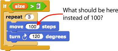 if(size>9){repeat(3){move 100 steps; turn clockwise 120 degrees}}