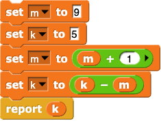 set m to 9, set k to 5, set m to (m + 1), set k to (k - m), report k