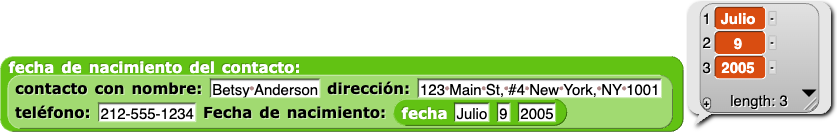fecha de nacimiento del contacto: (contacto con nombre: (Betsy) dirección: (123 Main St., Nueva York NY 10001) teléfono: (212-555-1234) fecha de nacimiento: (fecha (julio) (9) (2005))) reporta {9 de julio de 2005}