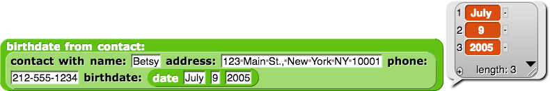 birthdate from contact: (contact with name: (Betsy) address: (123 Main St., New York NY 10001) phone: (212-555-1234) birthdate: (date (July) (9) (2005))) reporting {July, 9, 2005}