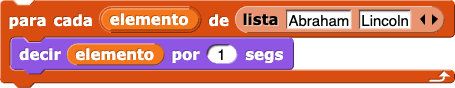 para cada (elemento) de {Abraham, Lincoln} [decir (elemento) por (1) segs]