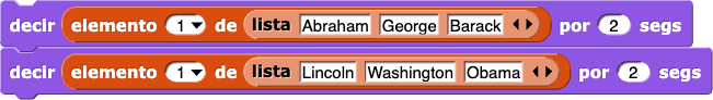 decir (elemento (1) de {Abraham, George, Barack} por (1) segs, entonces decir (elemento (1) de {Lincoln, Washington, Obama} por (1) segs