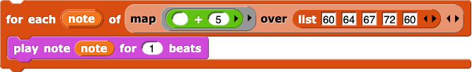 for each (note) of (map (_ + 5) over (list (60) (64) (67) (72) (60))) (play note (note) for (1) beats)