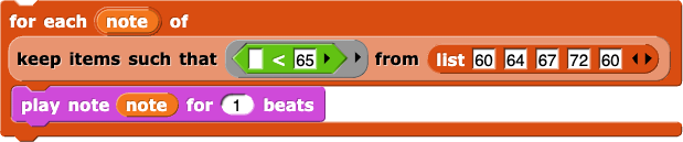 for each (note) of (keep items such that (() < 65) from (list (60) (64) (67) (72) (60))) (play note (note) for (1) beats)