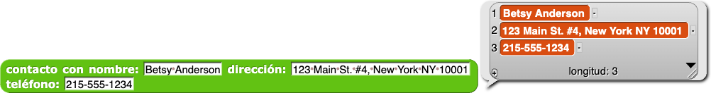 contacto con nombre: (Jasmine) dirección: (123 Main St. #4, Nueva York, NY 10001) teléfono: (212-555-1234) reporta {Betsy Anderson; 123 Main St. #4, Nueva York, NY 10001; 212-555-1234}