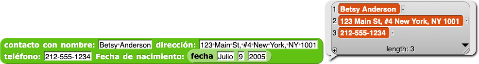 contacto con nombre: (Betsy) dirección: (123 Main St., Nueva York NY 10001) teléfono: (212-555-1234) fecha de nacimiento: (fecha (julio) (9) (2005)) reporta {Betsy, 123 Main St ., Nueva York NY 10001, 212-555-1234, {9 de julio de 2005}}