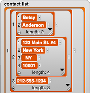 contact list with one contact showing: {{Betsy, Anderson}, {123 Main St. #4, New York, NY, 10001}, 212-555-1234}