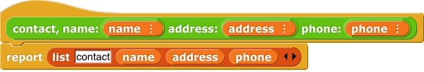 contact, name: (name) address: (address) phone: (phone): report (list [contact] (name) (address) (phone))