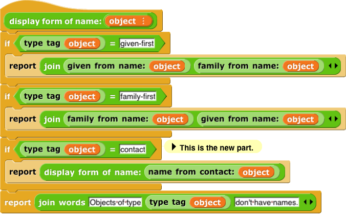 name (display form) (object):  if ... if ((type tag (object)) = contact) report (name (display form) (contact name (object))) ...