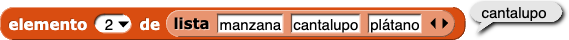 elemento (2) de (lista (manzana) (cantalupo) (plátano)) con una burbuja de texto que dice 'cantalupo'