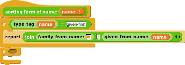 name (sorted form) (name):  if ((type tag (name)) = [given-first]) report (join (family name (name)) [, ] (given name (name)))