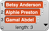 list in list view containing three items: Betsy Anderson, Alphie Preston, Gamal Abdel