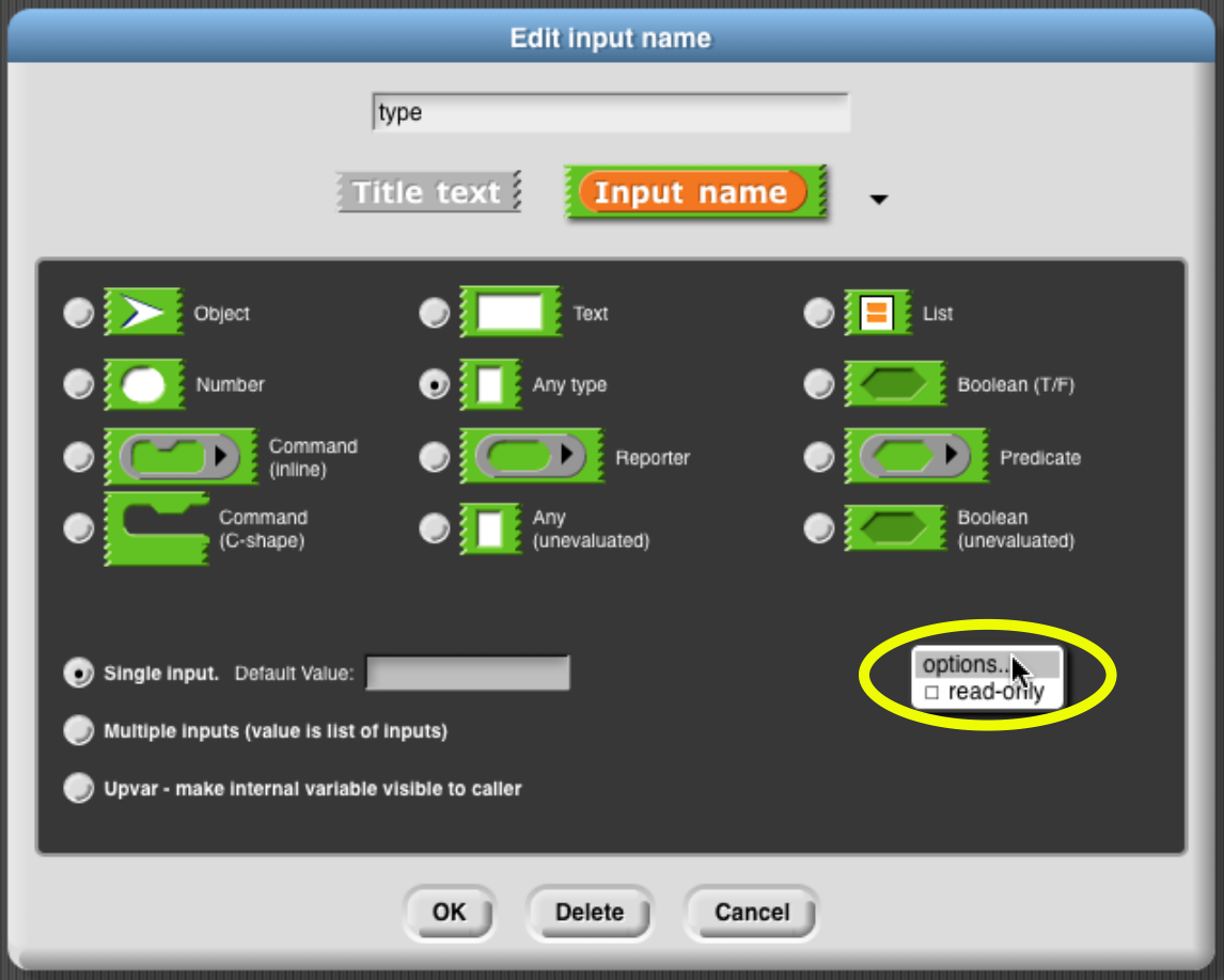 option context menu in input dialog