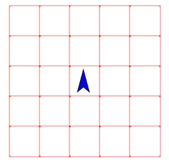 5×5 grid of squares with an upward-facing sprite in the center square