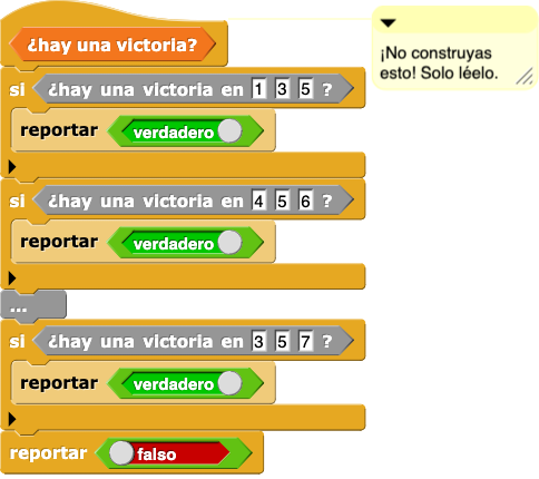 ¿hay una victoria? (Comentario: ¡No construyas esto! Solo léelo): si (¿hay una victoria en (1) (2) (3) ?) reportar (verdadero); si (¿hay una victoria en (4) (5) (6) ?) reportar (verdadero); ...; si (¿hay una victoria en (3) (5) (7) ?) reportar (verdadero); reportar (falso)